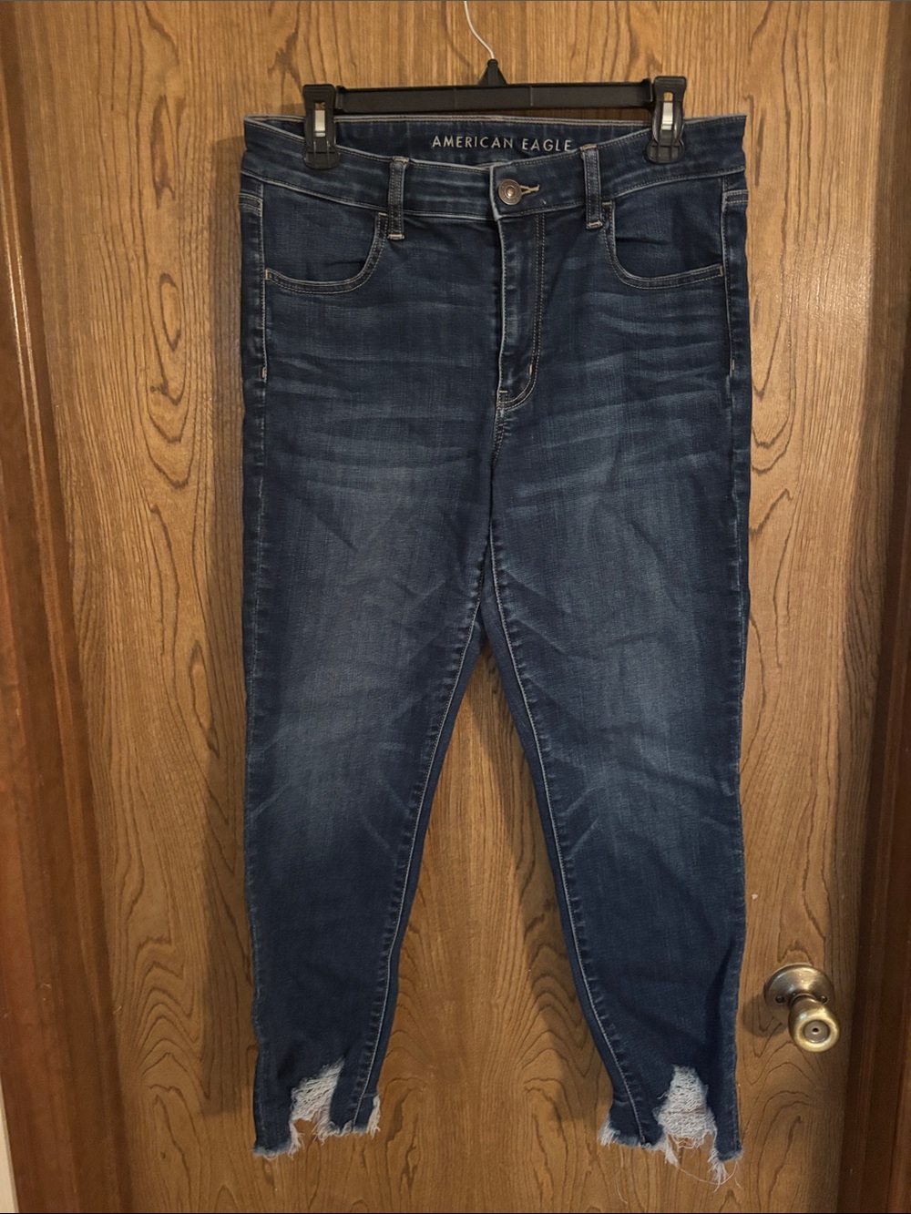 American Eagle Outfitters Dark Indigo Ankle Crop Jeans with Distressed Hem